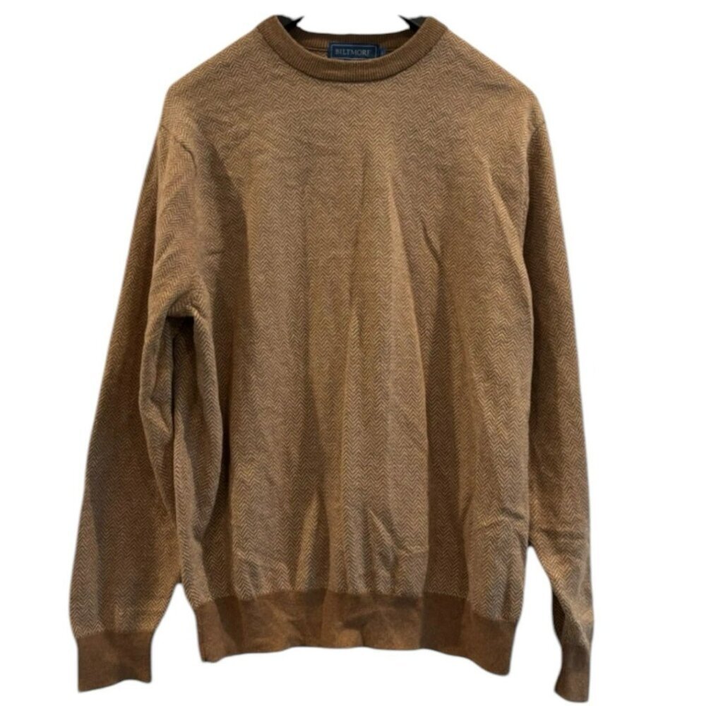 Biltmore Cotton Cashmere Sweater L Brown Herringbone‎ Crewneck 🍂